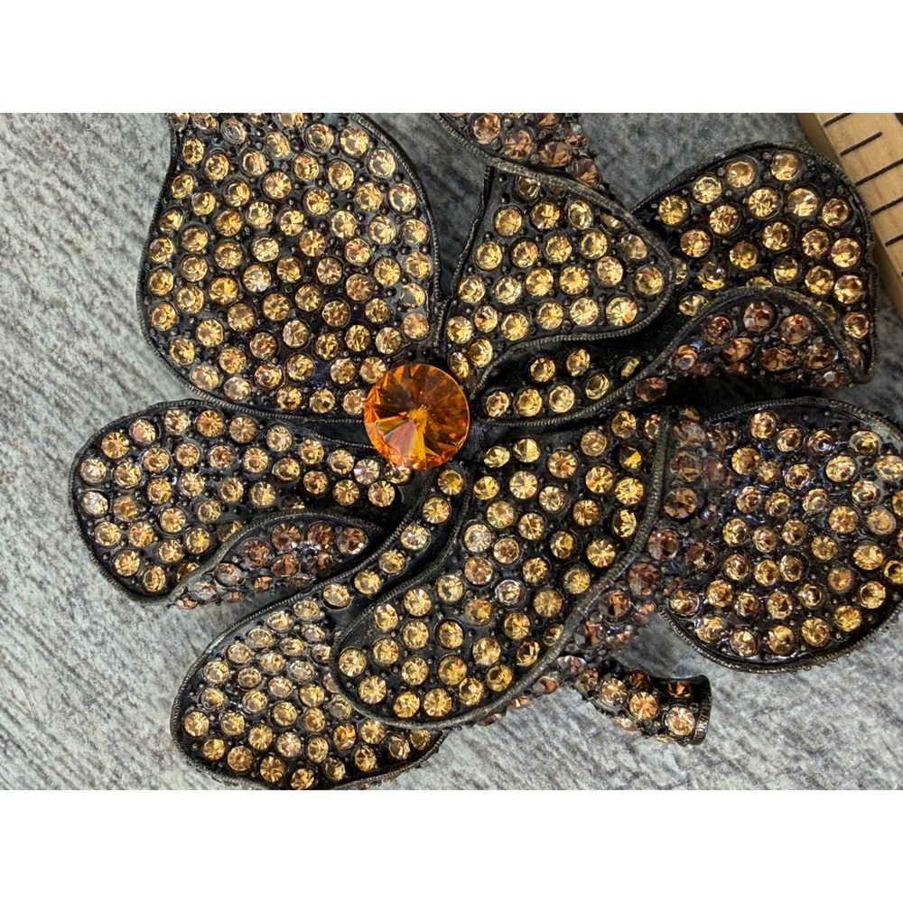 Flower Brooch Amber Bronze Rhinestone Crystal Floral Statement lapel pin vintage